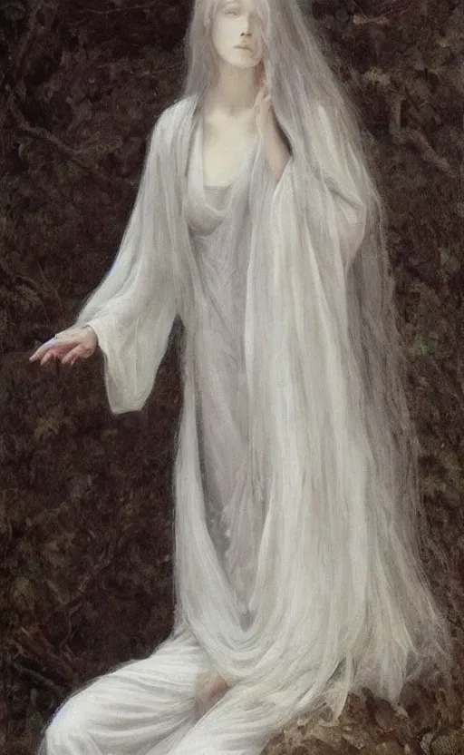 Image similar to say who is this with silver hair so pale and wan! and thin!? female angel, wearing white robes flowing hair, pale fair skin, you g face, silver hair, covered!!, clothed!! lucien levy - dhurmer, fernand keller, oil on canvas, 1 8 9 6, 4 k resolution, aesthetic!, mystery