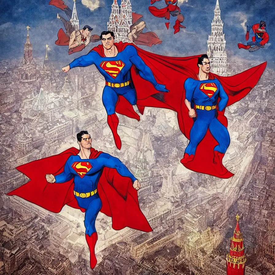 Image similar to epic comic book cover of stalin as superman floating over the red square ( moscow ), sunny clear sky, socialist realism, aesthetically pleasing, finely detailed facial features, hyperrealist, intricate digital art, trending artstation, artgem, rich moody colors, fan art, concept art, in the style of the red son, by cory walker and ryan ottley