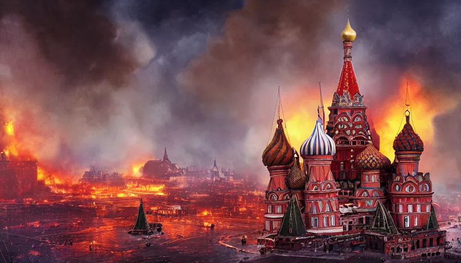 Image similar to Fire and explosions on Red Square, St Basil cathedral is destroyed by a nuke, sci-fi concept art, nuclear mushroom, lots of fire, panic, dark, clouds, 8k, high detail, advanced rendering whimsically designed art, 4k post-processing highly detailed, Soft illumination