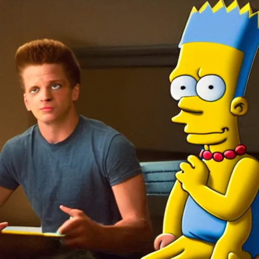 Image similar to bart simpson goes to college in the simpsons live action film, paramount pictures, directed by alan parker, full HD, cinematic lighting, award winning, anatomically correct