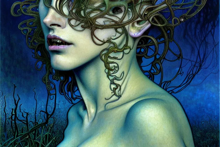 Image similar to realistic detailed portrait painting of a beautiful female zombie, nightly graveyard landscape background by Jean Delville, Amano, Yves Tanguy, Alphonse Mucha, Ernst Haeckel, Edward Robert Hughes, Roger Dean, masterpiece, cinematic composition, dramatic pose, 4k details, rich moody colours, blue eyes