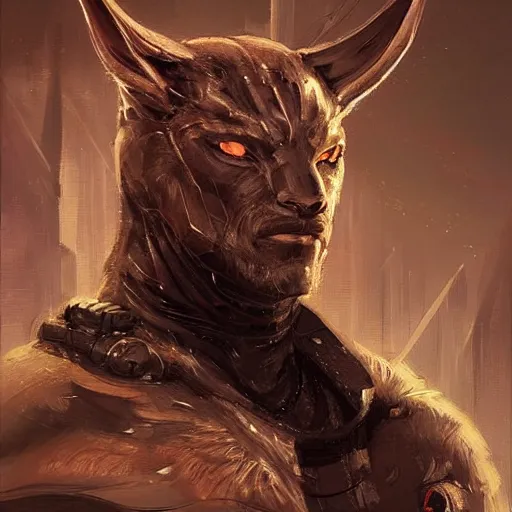 Prompt: Portrait of a humanoid feline man by Greg Rutkowski, hard predatory look, pointed ears, prominent jaw and visible fangs, wearing a futuristic space tactical gear that looks like a mix between the samurai, viking and templar aesthetics, mix between tribal and hi-tech, highly detailed portrait, scifi, space opera, digital painting, artstation, concept art, smooth, sharp foccus ilustration, Artstation HQ