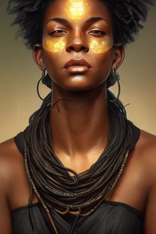 Image similar to photorealistic portrait of a young butch solarpunk black woman, handsome, female, masculine, upper body, fantasy, fierce, sharp features, intricate, elegant, highly detailed, digital painting, artstation, concept art, matte, sharp focus, illustration, art by artgerm and greg rutkowski and alphonse mucha