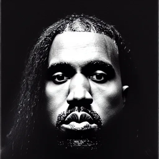 Image similar to a ( ( ( ( ( ( ( ( ( ( ( ( ( ( ( ( ( ( chiaroscuro lighting portrait ) ) ) ) ) ) ) ) ) ) ) ) ) ) ) ) ) of kanye west dressed as rick owens, black background, portrait by julia margaret cameron, shallow depth of field, 8 0 mm, f 1. 8