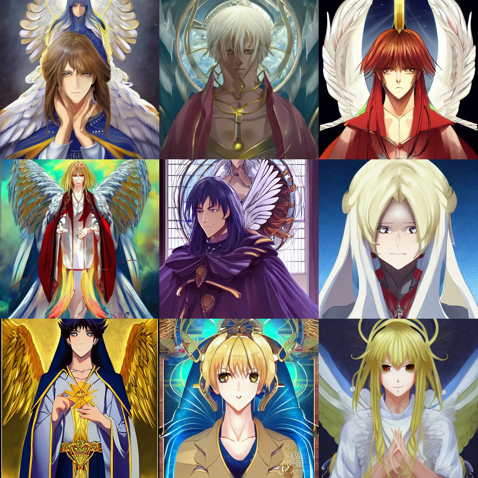 Lexica - Anime art a male angel, very beautiful, with a structural body,  black and golden eyes, blond and long hair, carrying a scythe