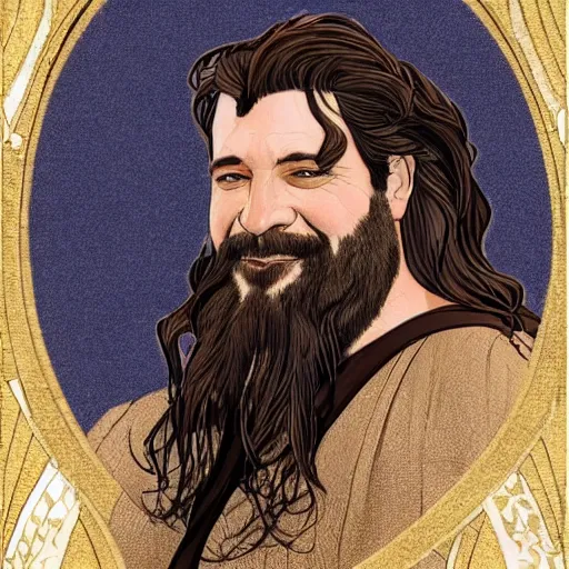 Image similar to art nouveau portrait of clive owen as a dwarven barbarian with full luscious groomed beard, long flowing dark hair, a cheeky smile, gold filigree, mucha