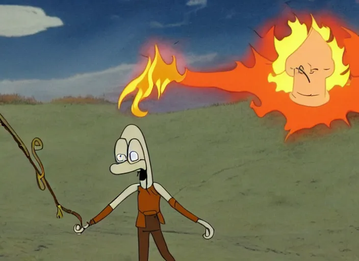 Image similar to squidward practicing firebending in an open field at susnset, screenshot from animated tv show'avatar : the last airbender'