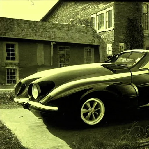 Image similar to an oldie car with turbine, cyber punk, house in background, detailed, award winning, masterpiece, photograph, cinematic, black-white retro photo 1910