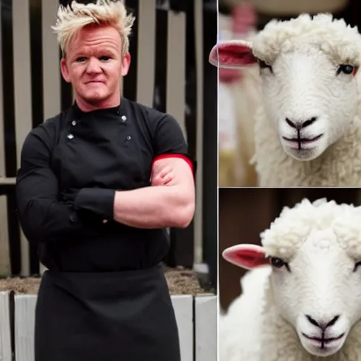 Prompt: a sheep dressed up as gordon ramsay, realistic.