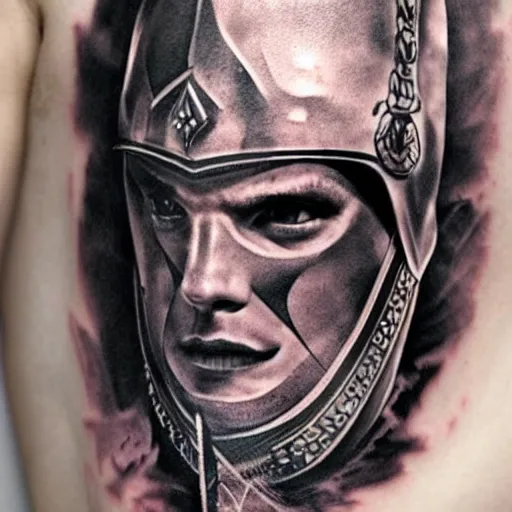 Prompt: an up close gladiator with shield and sword, tattoo, tattoo art, Black and grey tattoo style,