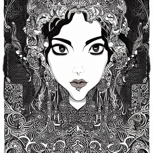 Prompt: filigree detailed illustration of a profile of gypsy girl with long curly hair and big goat horns on her head, aubrey beardsley, tomer hanuka, makoto shinkai