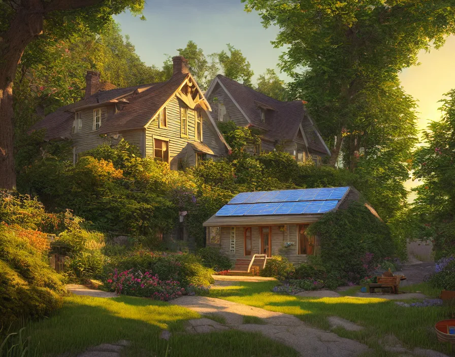 Prompt: idyllic cottage, 1950s, by Asher Durand. solar power, intricate artwork, octane render, cinematic, hyper realism, golden hour, octane render, 8k, depth of field, bokeh. iridescent accents. vibrant.