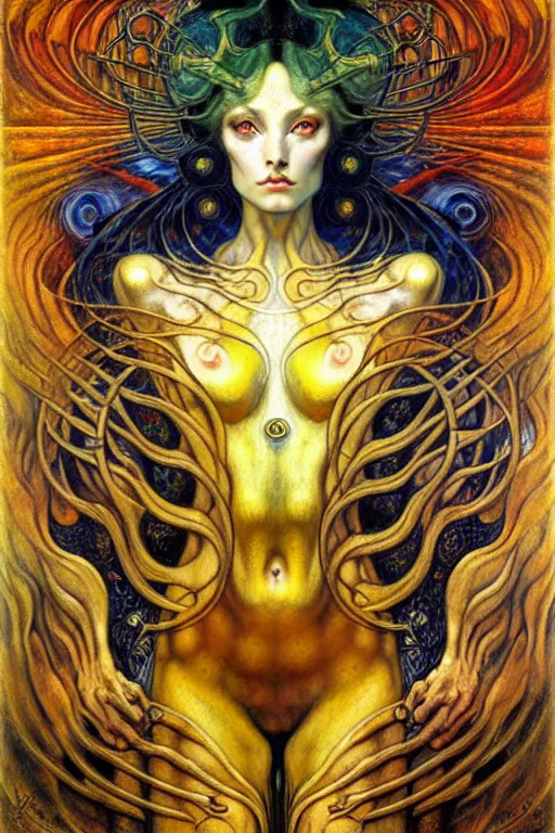 Image similar to Divine Chaos Engine by Karol Bak, Jean Delville, William Blake, Gustav Klimt, and Vincent Van Gogh, symbolist, visionary