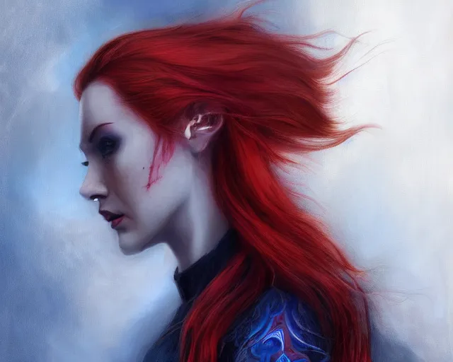 Image similar to A detailed matte oil on canvas head on symmetrical portrait of a distinguished elven woman with red and blue hair on an empty background, by Charlie bowater, Lise Deharme, Wlop, trending on artstationhd, dungeons and dragons art, parted hair , half blue, half red , split dye, critical role