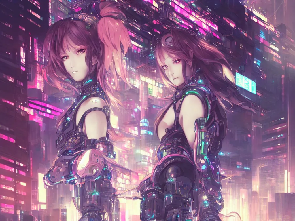 Prompt: anime key visual of portrait futuristic cyber warrior girl, in future cyberpunk tokyo rooftop, ssci - fi and fantasy, intricate and very very beautiful, neon light, highly detailed, digital painting, artstation, concept art, smooth, illustration, art by huaixuan xiang and alphonse mucha and wlop and tian zi