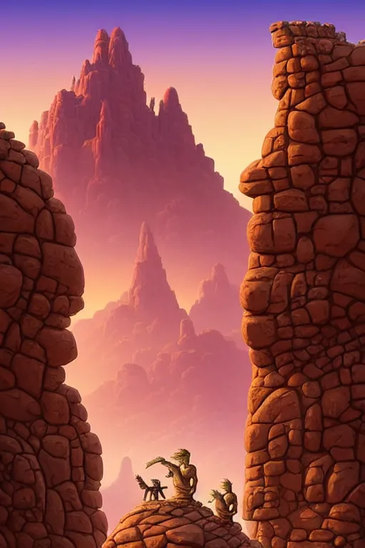 Image similar to Epic ancient fantasy desert landscape of a red sandstone city dwarfed by a colossal stone crocodile monument statue, tiny villagers gather to worship. Zoomed out vast vista, HD, Pixar movie quality. Trending on DeviantArt, highly detailed, 2d game poster by Jesper Ejsing, by RHADS, Makoto Shinkaih and Lois van baarle, ilya kuvshinov, rossdraws, cinematic , hyper-realistic, depth of field, coherent, high definition, 8k resolution octane renderer,