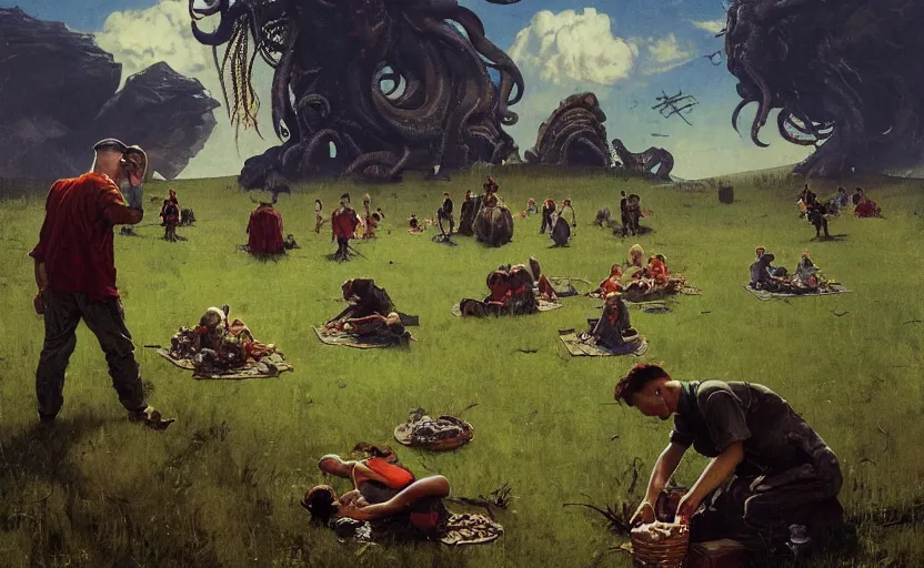 Image similar to cthulhu devouring a meadow by people having picnic. lovecraftian horror. highly detailed science fiction painting by norman rockwell, frank frazetta, and syd mead. rich colors, high contrast, gloomy atmosphere, dark background. trending on artstation