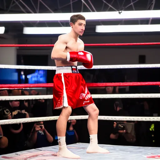 Prompt: realistic 8 k dslr image of charlie zelenoff with boxing gloves in the ring