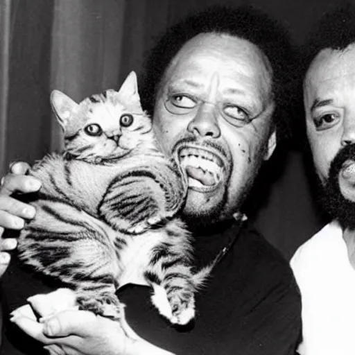 Image similar to charles mingus lovingly holding a terrifying evil cat from hell, professional, detailed