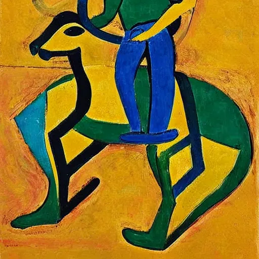 Prompt: simon whitlock riding a kangaroo, as painted by matisse