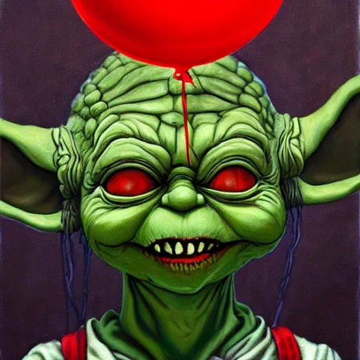 Prompt: grunge painting of yoda with a wide smile and a red balloon by chris leib, loony toons style, pennywise style, corpse bride style, horror theme, detailed, elegant, intricate