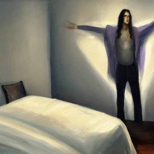 Prompt: oil painting of a slim thin man with long straight brown hair getting up from a bed with raised arms. evocative. artistic. volumetric lighting. low detail