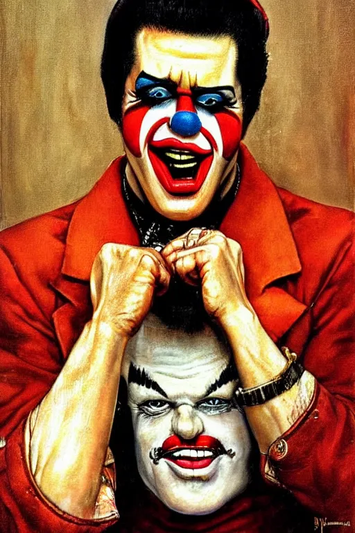 Image similar to a closer personal portrait of!!!!!! clownvis presley!!!!!! very charismatic. in the old ancient temple. masterpiece, dark. painted by norman rockwell and james gurney