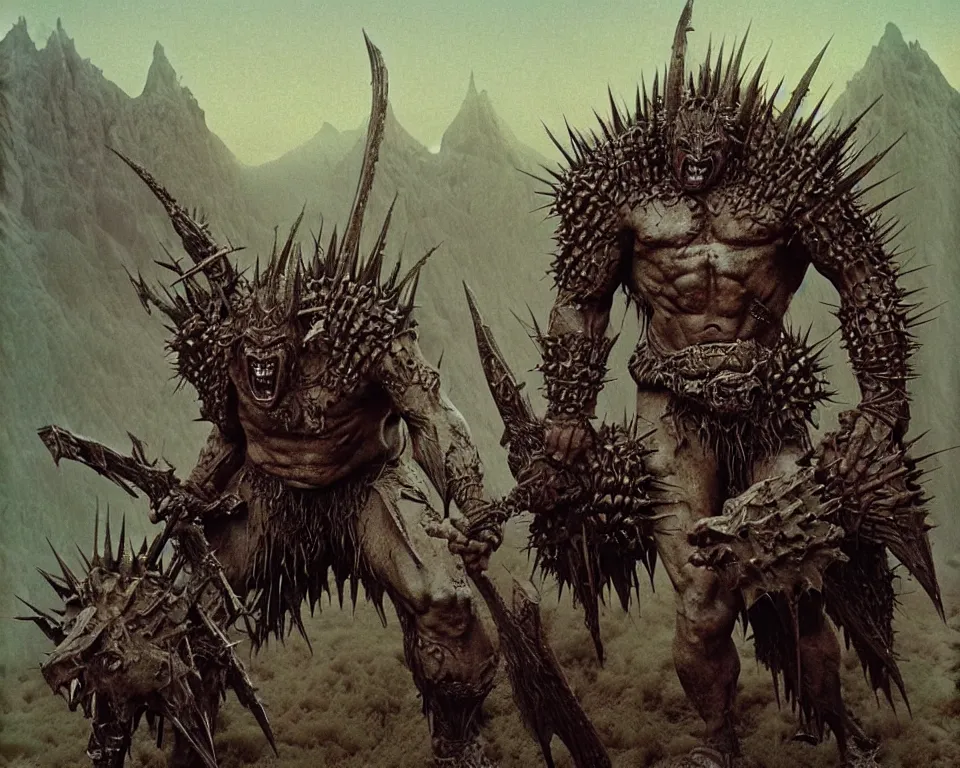 Prompt: A muscular, large fanged orc with pale skin covered in scars stands near the hills, wearing spiky, complex, detailed armor without a helmet. Extremely high detail, realistic, fantasy art, masterpiece, art by Zdzisław Beksiński