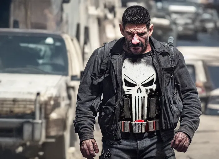 Image similar to john bernthal, movie still, from the new punisher movie, 8 k, realistic