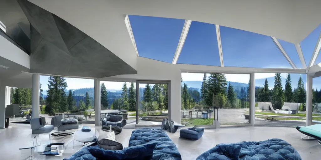 Prompt: large futuristic Washington state residence, large windows, concrete, triangular elements, blue and white and green metal