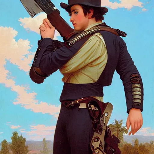 Image similar to a vintage portrait painting of a fantasy male gunslinger, art by tristan eaton and artgerm and william - adolphe bouguereau