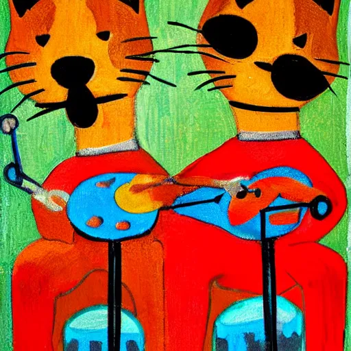 Prompt: two brightly colored cats playing the drums