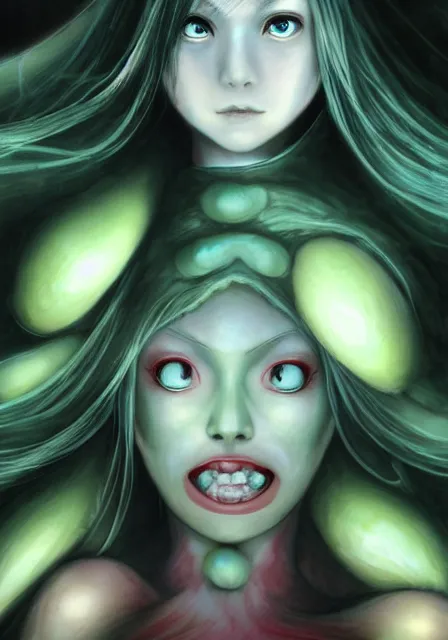 Prompt: beautiful portrait of a slime woman's face by aramaki shinji, amano yoshitaka, junji ito, 8 k, hd