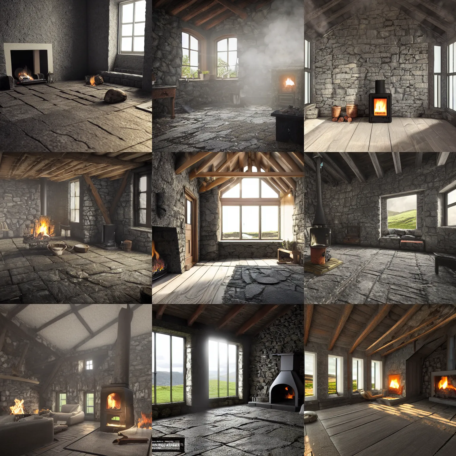 Prompt: photorealistic rendering of interior a hebrides crofter's black house dwelling, in scotland, open fire in center of room, stone floor, smoke, wooden furtniture, turf roof, volumetric lighting, dark, dark, dingy, old, unreal engine render