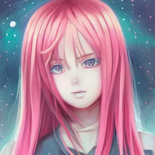 Image similar to beautiful portrait painting of an anime girl, cute, pink hair, symmetrical face, symmetrical eyes, two identical symmetrical eyes, portrait, beautiful girl, artstation, trending on artstation, gorgeous, smooth skin, cutie, long hair, fantasy style, pastel colors , forest background, FHD