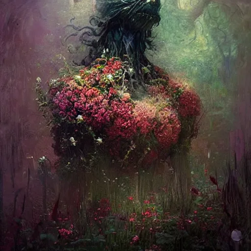 Image similar to a beautiful terrifying monster made of flowers. ethereal horror fantasy art by greg rutkowski and monet