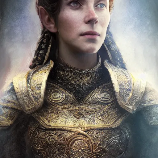 Image similar to the elder scrolls vi, charismatic regal brunette female jarl, portrait, throne room, atmospheric lighting, painted, intricate, volumetric lighting, beautiful, daytime, sunny weather, slight overcast, sharp focus, deep colours, ultra detailed, by leesha hannigan, ross tran, thierry doizon, kai carpenter, ignacio fernandez rios