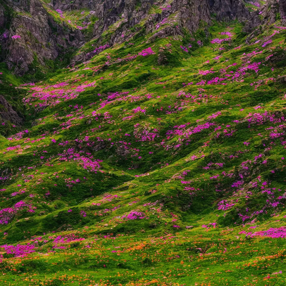 Image similar to valley of flowers with high and small monoliths, humans, renaissance style, film grain, high detailed,