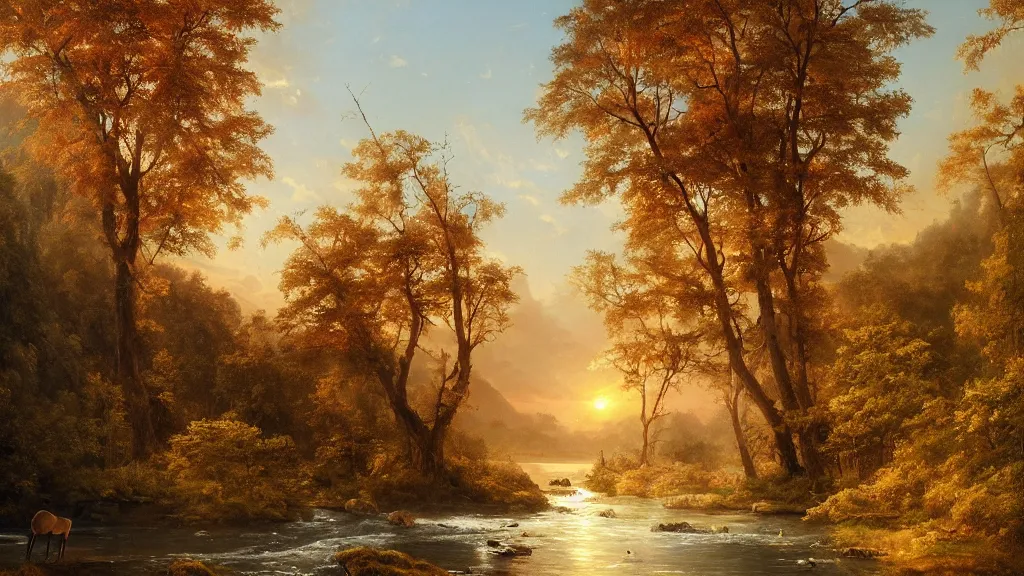 Image similar to the most beautiful panoramic landscape, oil painting, where a giant dreamy waterfall creates a river, the trees around are starting to bloom in a great variety of colors, a majestic deer is drinking water from the river and a ray light of the sunset is brightening him, by greg rutkowski