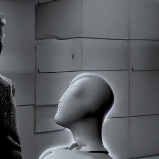 Image similar to movie scene of a man with a robot head, movie still, acting, cinematic composition, cinematic lighting, Movie by David Lynch and Andrzej Żuławski