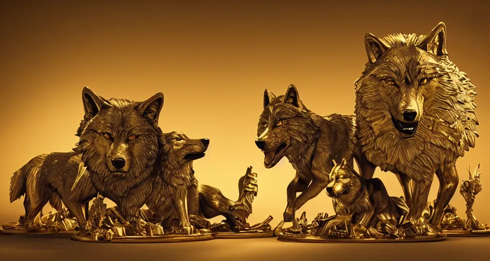 Image similar to wolves and their treasures - golden sculptures - dramatic lighting, trending on artstation, highly detailed render by studio ghibli