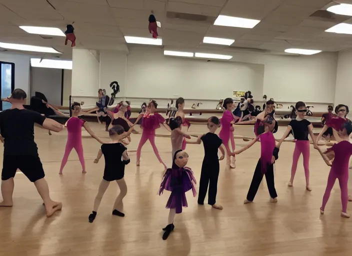 Prompt: photo of a kids ballet class, darth maul is there in a tutu looking grumpy