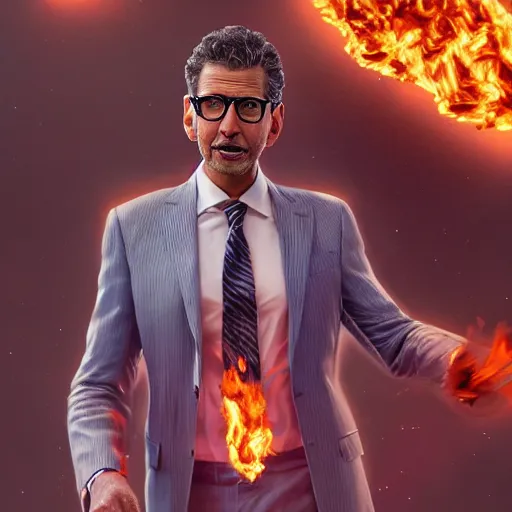 Prompt: hyperrealistic image of jeff goldblum on fire, by thomas eakes & xiang duan & mike judge, perfect symmetry, dim volumetric lighting, photorealistic, 8 k octane beautifully detailed render, post - processing, extremely hyper - detailed, intricate, epic composition, cinematic lighting, masterpiece, trending on artstation, incredibly detailed, stunning,