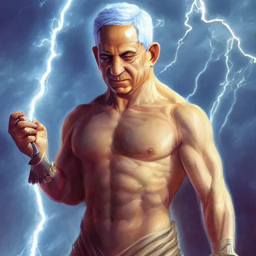 Image similar to benjamin netanyahu as the greek god of lightning, lightning bolts, highly detailed, ultra clear, by artgerm and greg rutkowski