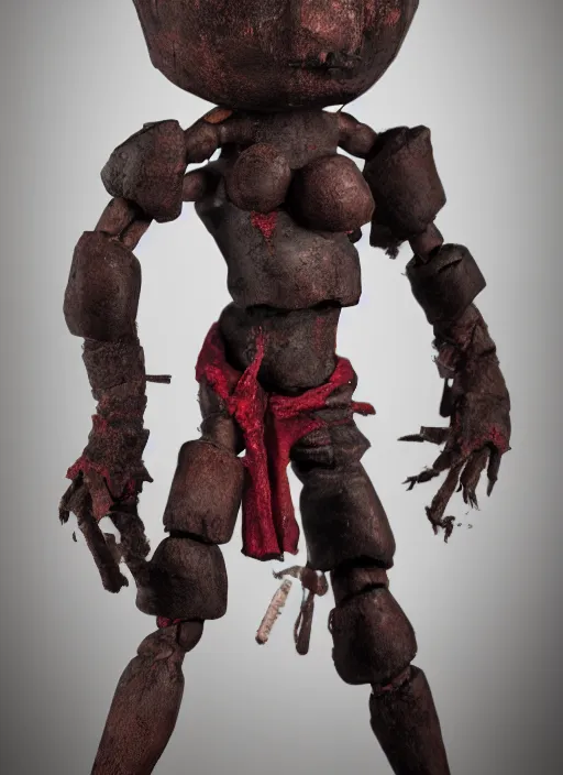 Image similar to an octane render of a voodoo doll, ritualistic, made of painted wood, leather, minimal statuette of a demon, volumetric lighting, beautiful design, hd render,