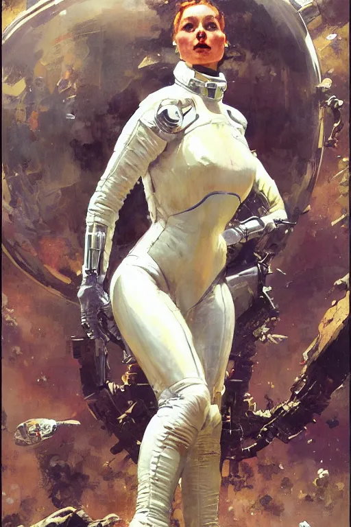 Image similar to pulp scifi fantasy illustration full body portrait of elegant woman wearing latex spacesuit, by norman rockwell, jack kirby, bergey, craig mullins, ruan jia, jeremy mann, tom lovell, 5 0 s, astounding stories, fantasy