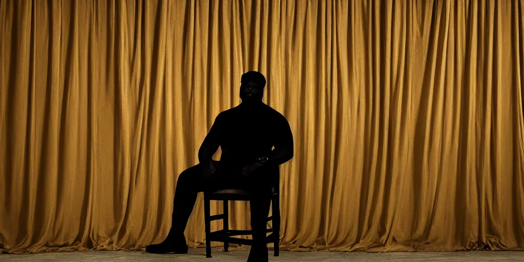 Prompt: photo style of shawn paul tan, portrait of silhouette of big black man sitting on throne, background made of big curtains