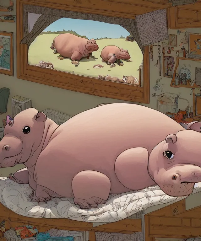 Prompt: hippo lying in bed, half covered blanket, centered composition, digital painting, artstation, concept art, kids book illustration, sharp focus, octane render, illustration, art by geof darrow,