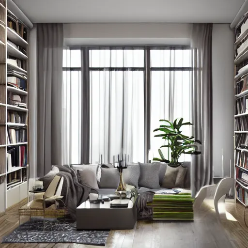 Prompt: insanley detailed 3d render, fog, wide angle, athmosperic, large award winning interior design apartment, dusk, cozy and calm, fabrics and textiles, colorful accents, secluded, many light sources, lamps, hardwood floors, book shelf, couch, desk, balcony door, plants