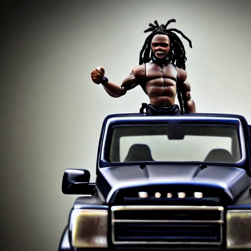Image similar to black man action figure with dreads standing on top of a black rc pickup truck, close up photograph, white background